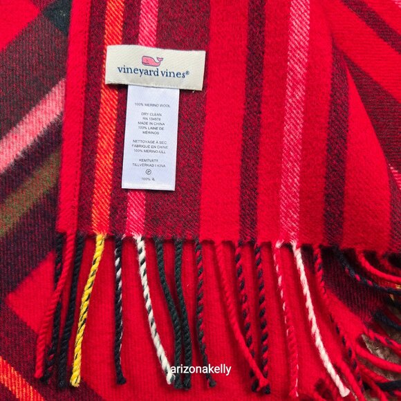 Vineyard Vines Merino Wool Tartan Wrap Red Plaid Soft - Picture 8 of 16